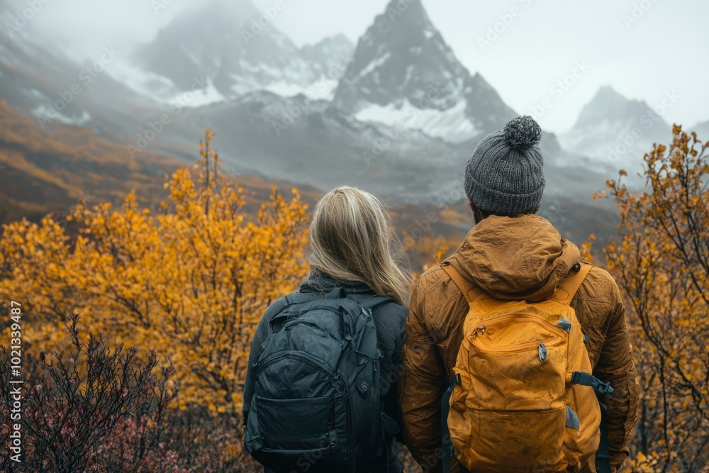 Two Hikers with Backpacks Admire a Mountain Range in the Fog Two Hikers with Backpacks Admire a Mountain Range in the Fog