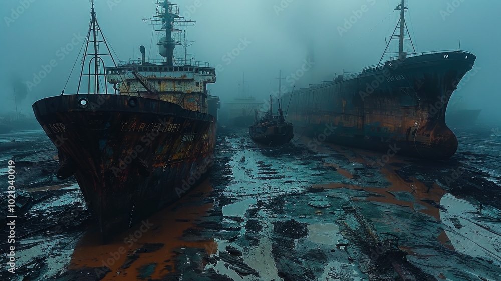 Fototapeta premium Derelict Ships on a Muddy Beach