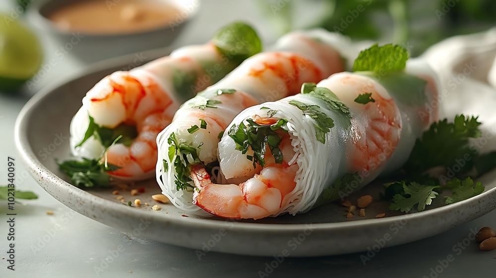 A high-definition close-up photograph of Vietnamese fresh spring rolls, filled with shrimp, vermicelli noodles, mint leaves, and lettuce, cut in half to show the vibrant layers. A high-definition close-up photograph of Vietnamese fresh spring rolls, filled with shrimp, vermicelli noodles, mint leaves, and lettuce, cut in half to show the vibrant layers.