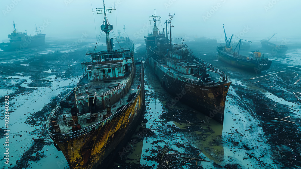 Derelict Ships on a Muddy Beach Derelict Ships on a Muddy Beach