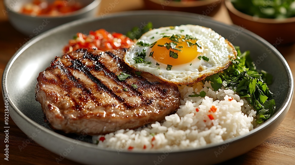 A high-definition close-up shot of a Com Tam plate, focusing on the juicy grilled pork chop, the runny yolk of the fried egg, and the delicate texture of the broken rice. A high-definition close-up shot of a Com Tam plate, focusing on the juicy grilled pork chop, the runny yolk of the fried egg, and the delicate texture of the broken rice.
