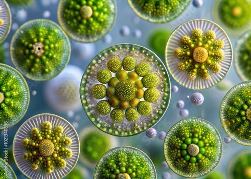 Detailed Microscopic View of Gonium Algae Showing Cellular Structure and Unique Formation Patterns photo