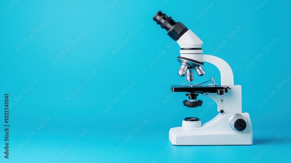 A laboratory microscope on a blue background, used for scientific observation and analysis. A laboratory microscope on a blue background, used for scientific observation and analysis.