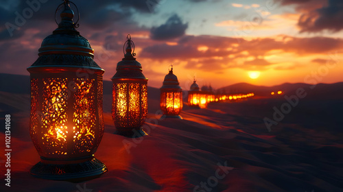 Ornate Lanterns on a Desert Landscape at Sunset - 3D Illustration