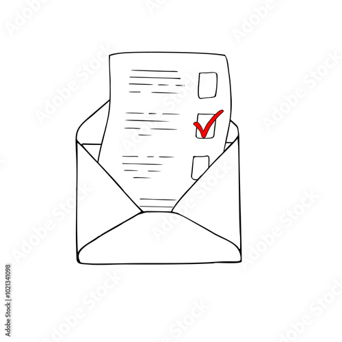 letter with red checkmark in open envelope vector icon line art black ink sketch. Monochrome sign, post outline symbol for election day illustration painted by black inks. For web sites, apps, stores