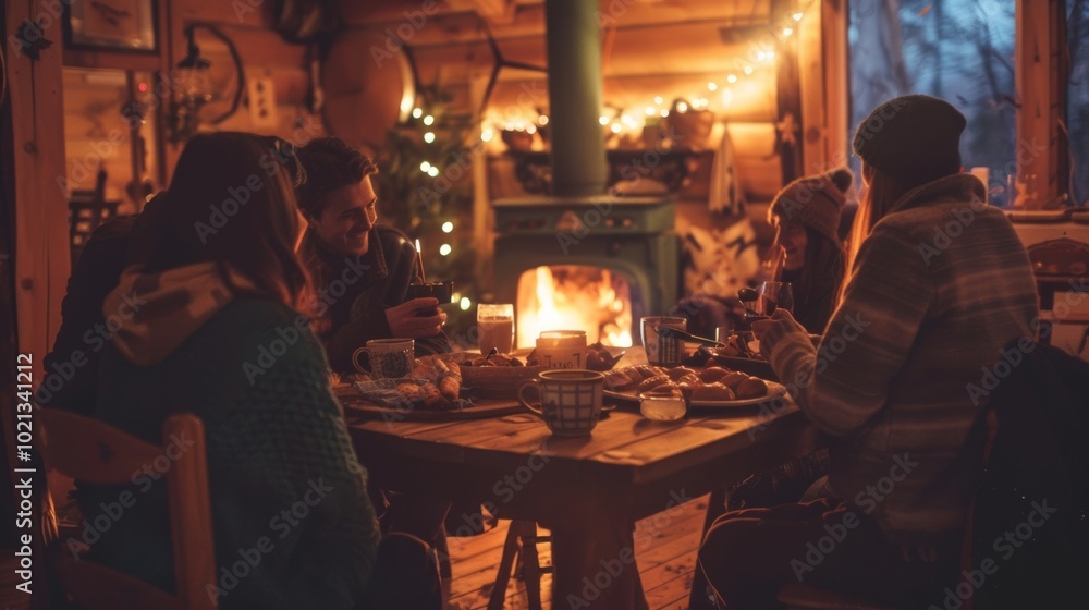 Cozy Gathering Around a Warm Fire in a Rustic Cabin at Night Cozy Gathering Around a Warm Fire in a Rustic Cabin at Night