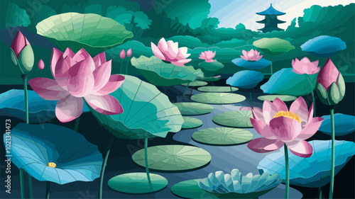 Blooming lotus garden with flowers crafted from quilled paper.