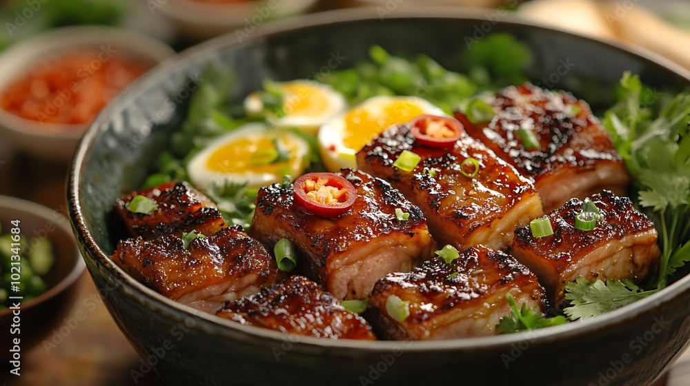 A high-definition close-up shot of a Thit Kho dish, focusing on the rich, caramelized surface of the pork belly and the soft texture of the braised eggs, A high-definition close-up shot of a Thit Kho dish, focusing on the rich, caramelized surface of the pork belly and the soft texture of the braised eggs,