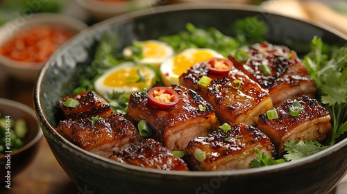 A high-definition close-up shot of a Thit Kho dish, focusing on the rich, caramelized surface of the pork belly and the soft texture of the braised eggs,