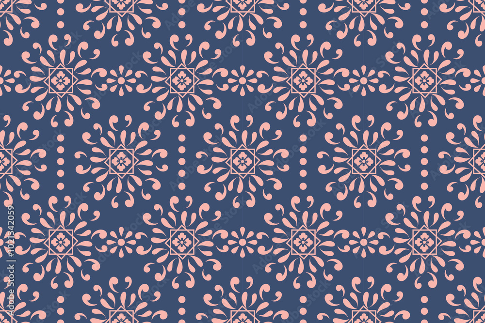 Pink Boho seamless pattern on blue background Pink Boho seamless pattern on blue background