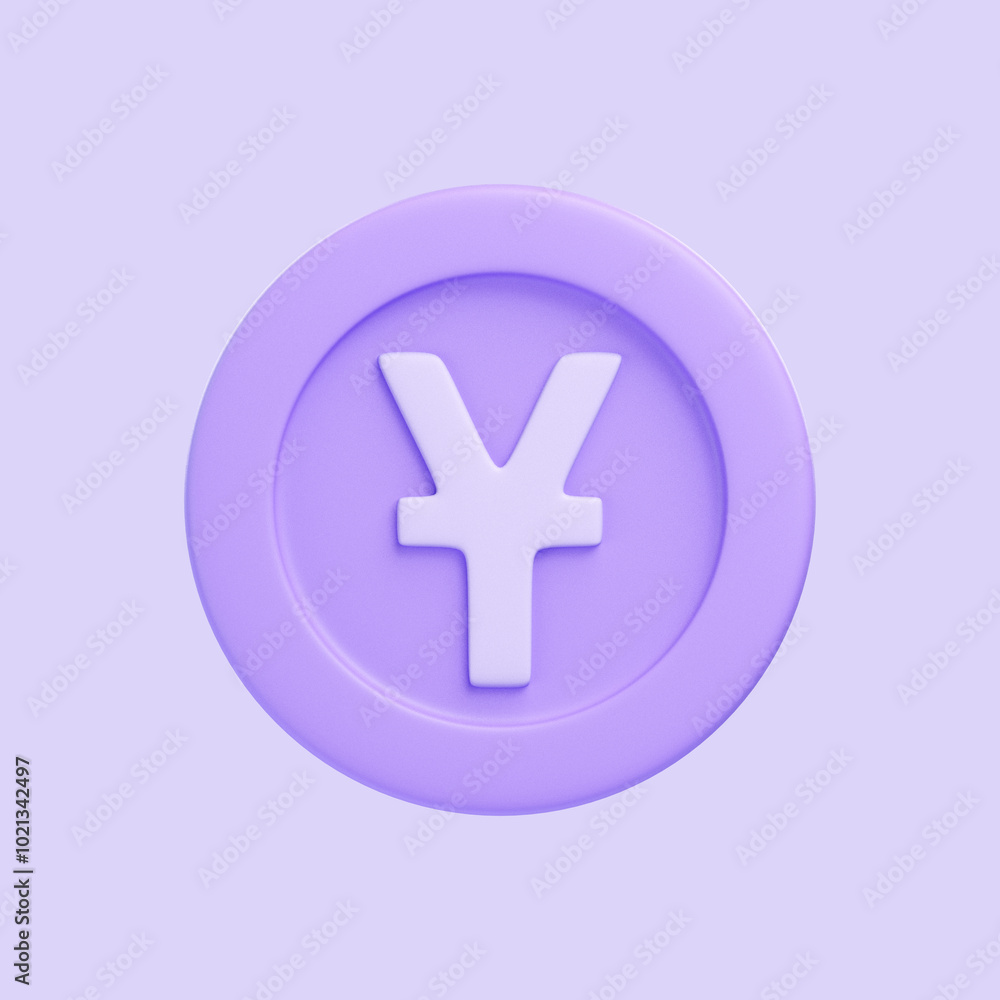 Obraz premium Japanese yen currency symbol in pastel purple, placed within a circular design on a matching background. 3D icon, sign and symbol. 3D render illustration