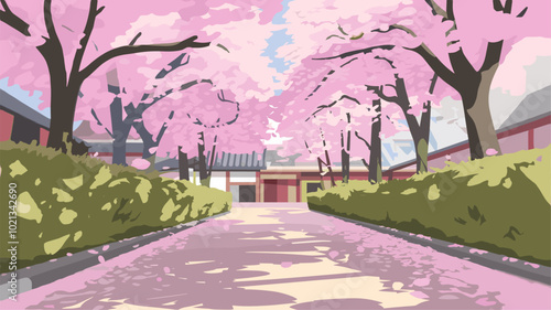 Sun-dappled walkway with pink cherry blossoms overhead.