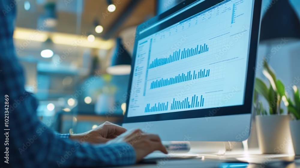 A person analyzing data on a computer screen with graphs and charts. A person analyzing data on a computer screen with graphs and charts.