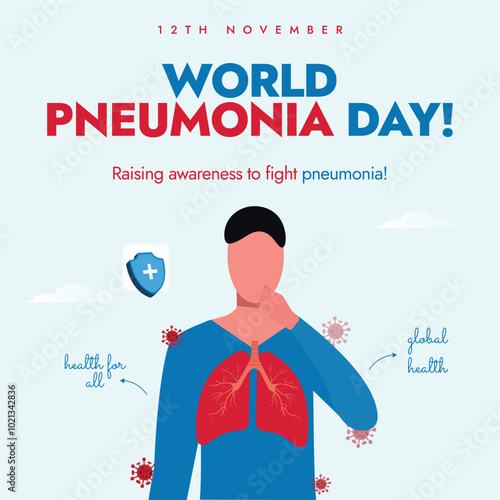 World Pneumonia Day. 12th November Pneumonia day celebration banner, post with inside of view lungs of a person, virus icons. The day raise awareness, promote prevention and treatment of the disease. 