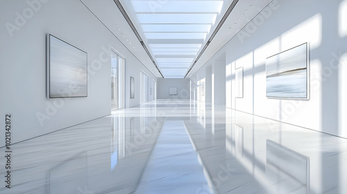 White Hallway with Skylights and Artwork - 3D Render