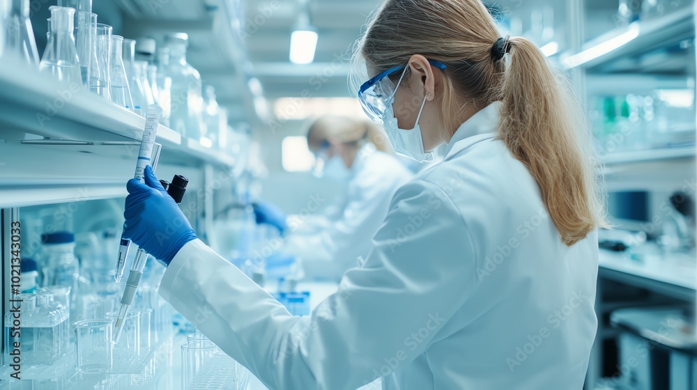 Lab technicians performing chemical tests on a product for quality assurance, sterile lighting, side view Lab technicians performing chemical tests on a product for quality assurance, sterile lighting, side view