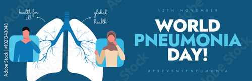 World Pneumonia Day. 12th November Pneumonia day celebration cover banner, post with inside of view lungs of a person, male and female character. The day raise awareness, promote prevention of disease