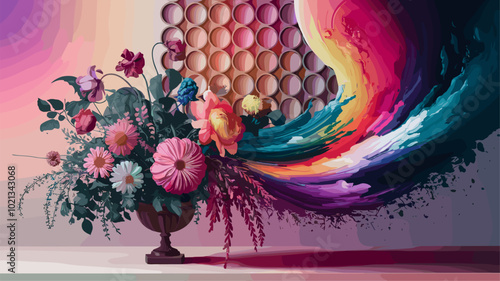 Surreal vision of floral arrangement transforming into swirling colors and textures.