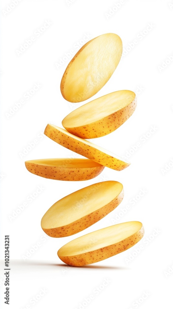 Falling potato slices on a white background realistic depiction of fresh potato pieces in mid-air isolated food item. Generative AI Falling potato slices on a white background realistic depiction of fresh potato pieces in mid-air isolated food item. Generative AI