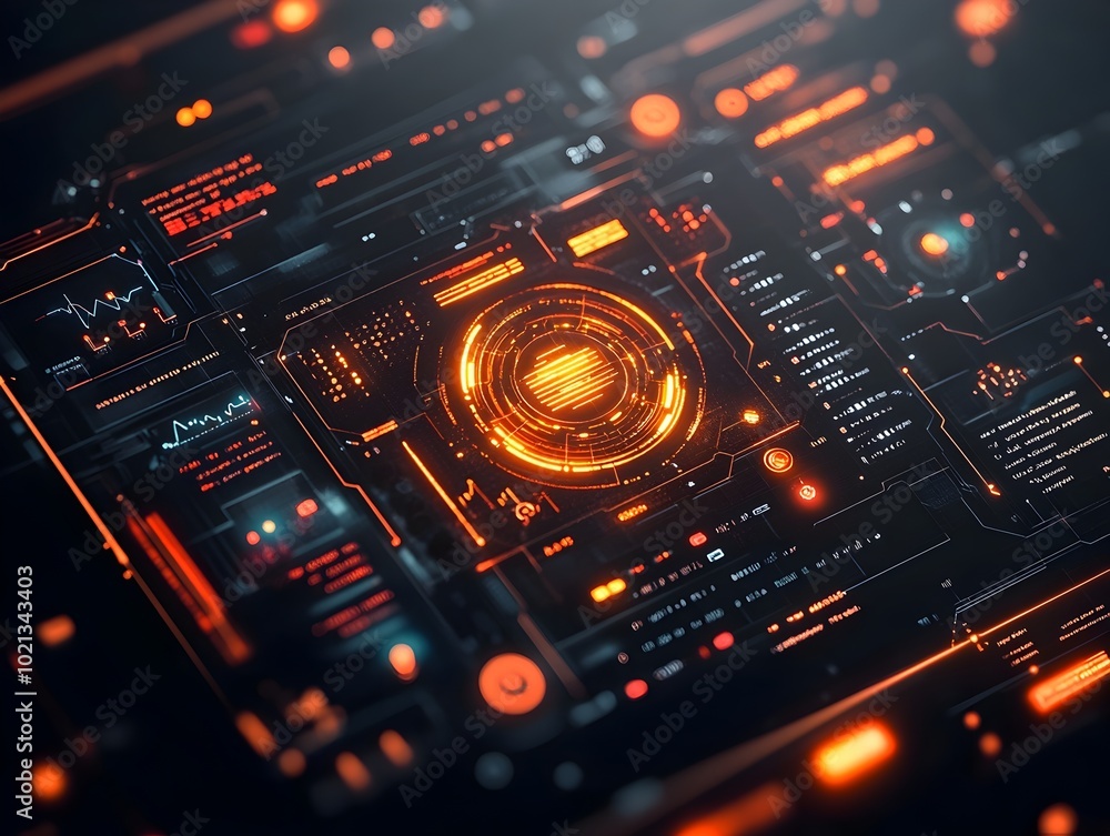 Captivating Futuristic HUD with Intricate Data Overlays and Elegant GUI Design  Advanced digital environment with glowing tech elements and cinematic visual style