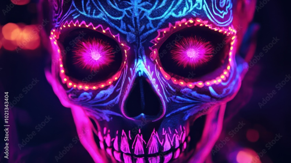 Creative image of Sugar Skull. Neon makeup for Halloween or Dia De Mertos holiday. Creative image of Sugar Skull. Neon makeup for Halloween or Dia De Mertos holiday.