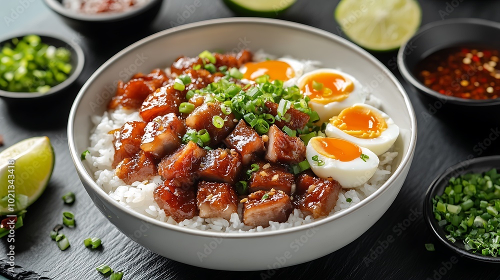 A minimalist photograph of a single bowl of Thit Kho, perfectly centered on a white ceramic plate, with caramelized pork belly and eggs served over a bed of steamed rice. A minimalist photograph of a single bowl of Thit Kho, perfectly centered on a white ceramic plate, with caramelized pork belly and eggs served over a bed of steamed rice.