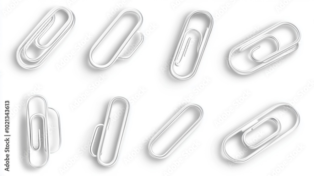 Set of silver paper clips on a white background in different arrangements. Generative AI Set of silver paper clips on a white background in different arrangements. Generative AI