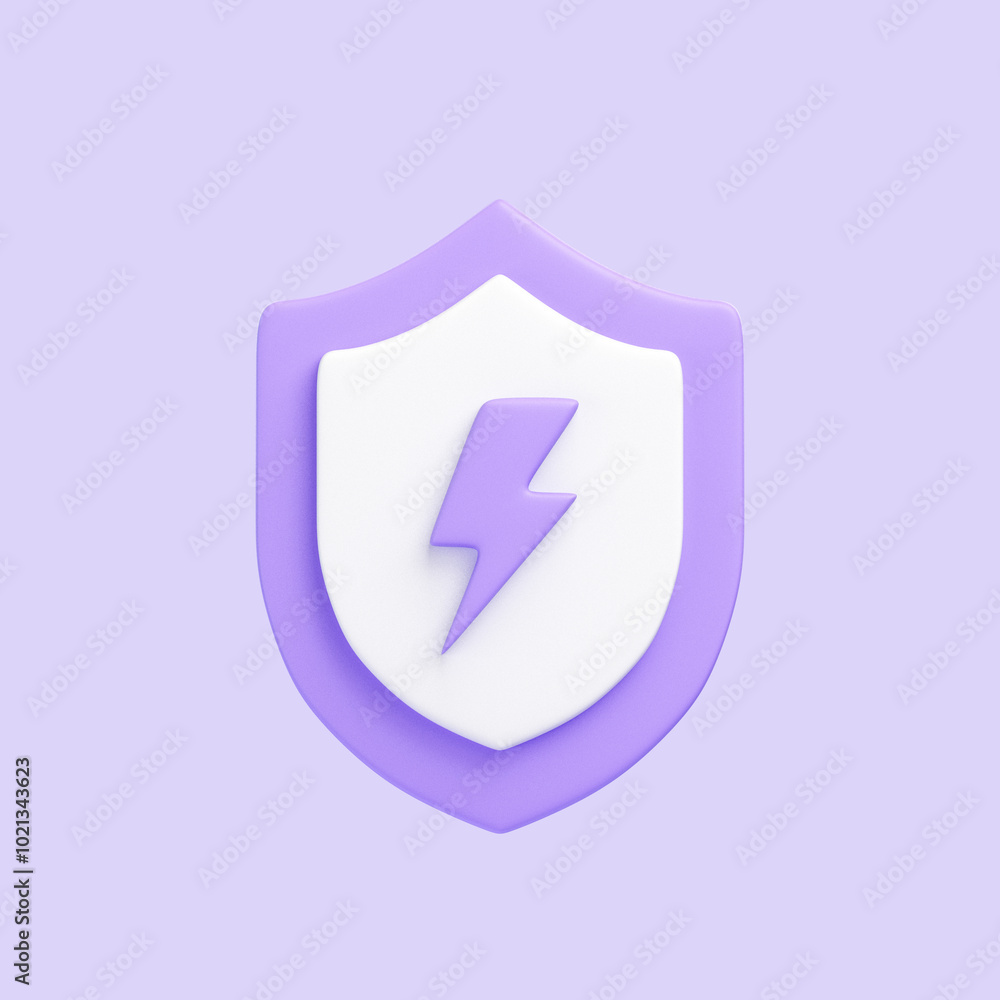 Shield in pastel purple and white with a central lightning bolt icon, symbolizing protection and energy. 3D icon, sign and symbol. 3D render illustration Shield in pastel purple and white with a central lightning bolt icon, symbolizing protection and energy. 3D icon, sign and symbol. 3D render illustration
