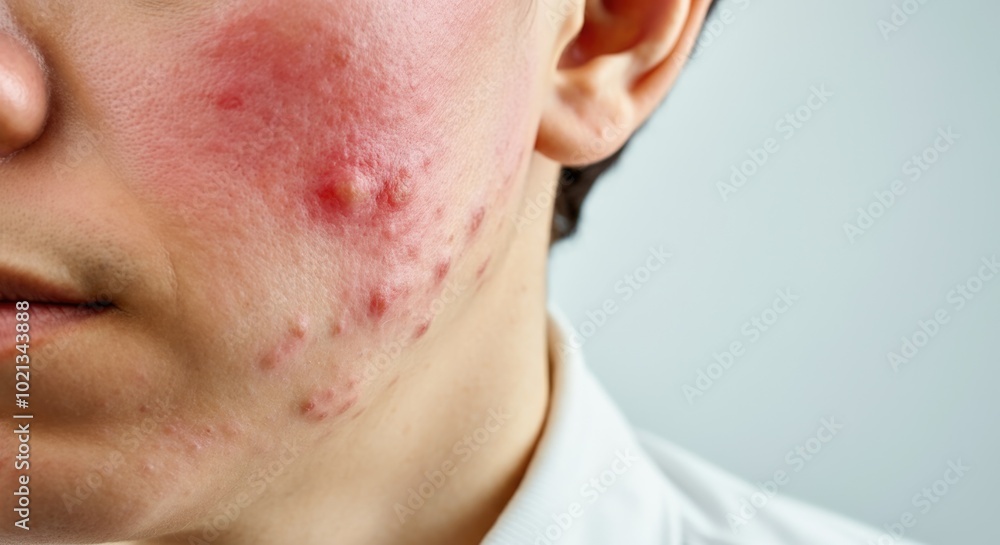 Close-up Portrait of Adult with Acne and Skin Redness Close-up Portrait of Adult with Acne and Skin Redness
