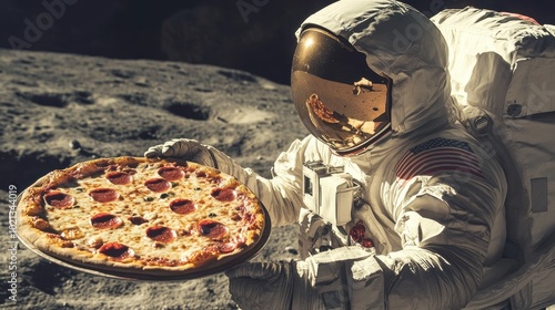 Astronaut delivers pizza on the moon during a whimsical lunar adventure in a playful homage to space exploration