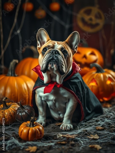 Bulldog dressed in a vampire cape sitting beside halloween pumpkins and eerie cobwebs set against a festive backdrop halloween backdrop photo