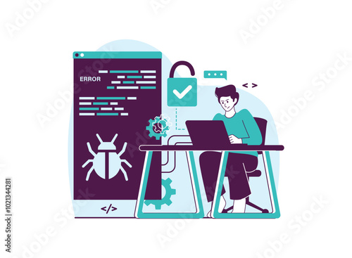 Programmer debugging a code error, represented by a bug and an open lock.