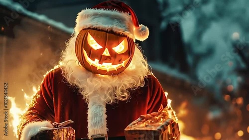 santa claus with a flaming jack-o-lantern head delivering christmas gifts holiday mashup photo