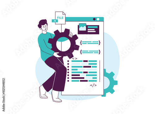 Programmer working on a JavaScript file, represented by a gear and code.