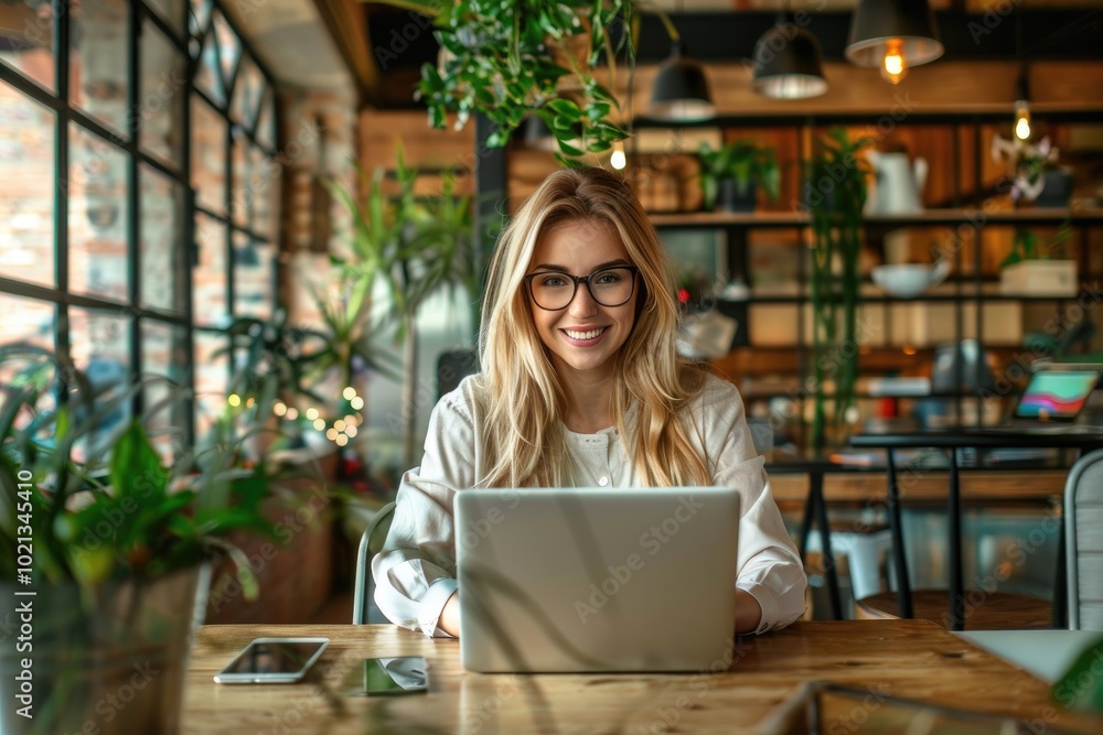 Cheerful businesswoman using laptop in office. Cheerful businesswoman using laptop in office.