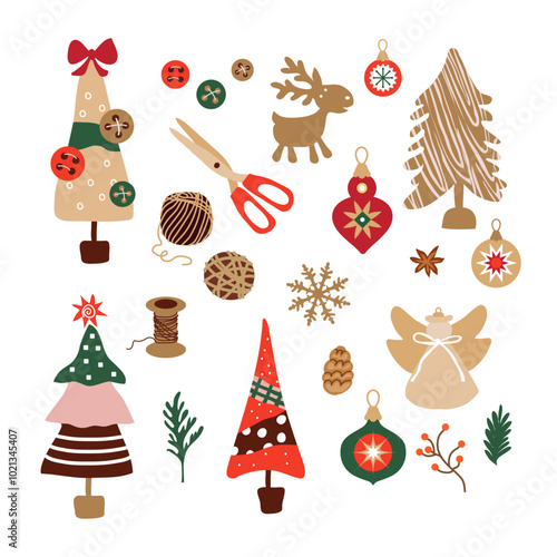 Christmas trees with your own hands. Eco concept. Set of Christmas trees and accessories for creativity. Vector illustration on a white background