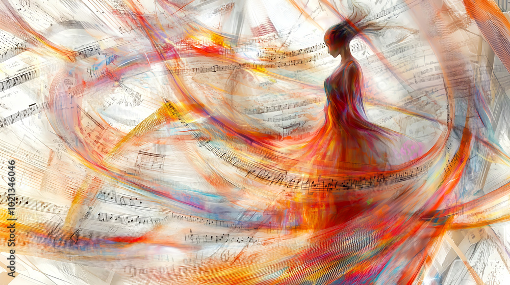 Dynamic abstract artwork of a dancer in motion, with vibrant swirling colors surrounding her, evoking energy, fluidity, and grace Dynamic abstract artwork of a dancer in motion, with vibrant swirling colors surrounding her, evoking energy, fluidity, and grace