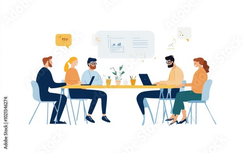 A group of diverse professionals engaged in a collaborative meeting at a conference table with laptops and plants.