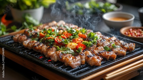 A side-angle photograph of a Vietnamese BBQ grill filled with juicy marinated pork belly, shrimp, and vegetables like mushrooms and bell peppers, with smoke and steam rising.