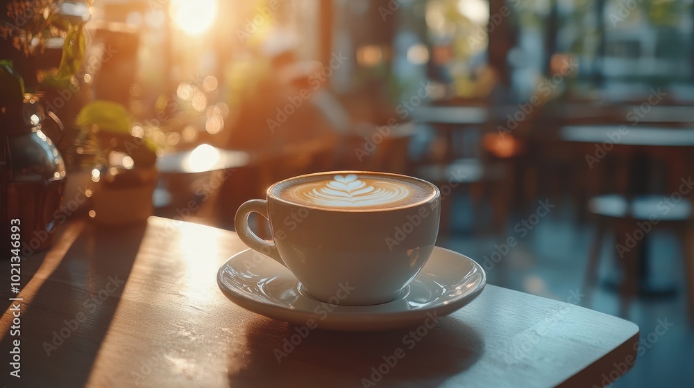 A warm cup of coffee with latte art in a cozy café setting. A warm cup of coffee with latte art in a cozy café setting.