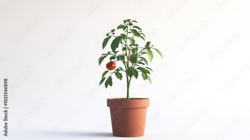 Realistic Tomato Plant in a Clay Pot on a White Background Isolated Image. Generative AI Realistic Tomato Plant in a Clay Pot on a White Background Isolated Image. Generative AI