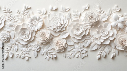 A delicate arrangement of white paper flowers and leaves on a white background.