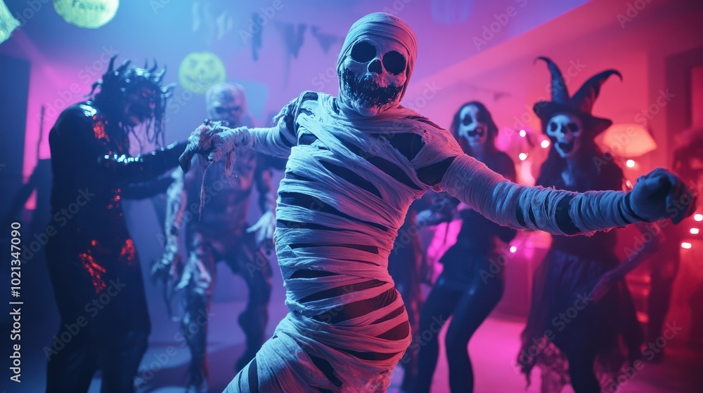 Fototapeta premium Halloween Costume Party: Old Skinny and Bandaged Mummy Dances. In the Background Zombie, Death, Witch and She Devil Have Fun in a Monster Party Decorated Room