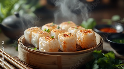 A side-angle photograph of Cha Gio spring rolls arranged in a small bamboo basket, focusing on the crispy surface and the steam rising from the freshly fried rolls. photo