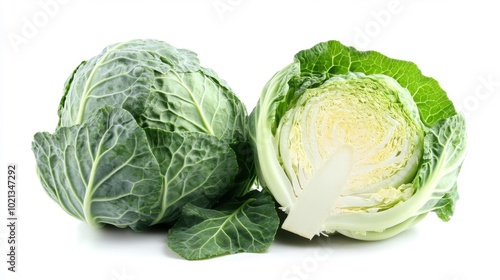 Two fresh cabbages one whole and one cut in half with vibrant green leaves isolated on a white background. Perfect for healthy food or nutrition-themed visuals. . Generative AI