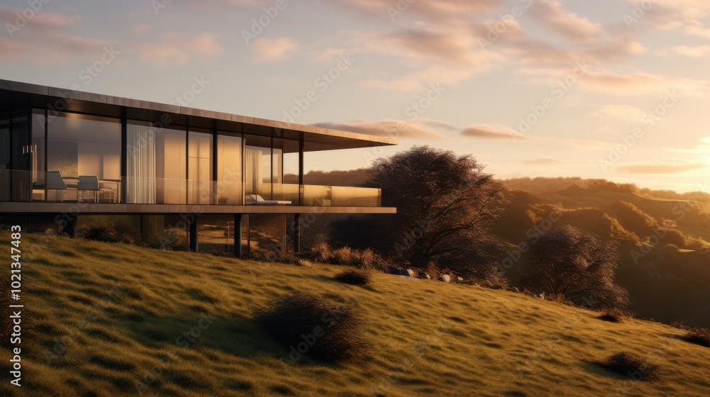 Obraz premium A sleek, glass-walled house stands on a grassy slope, illuminating the landscape with modern elegance and harmony with nature at twilight.