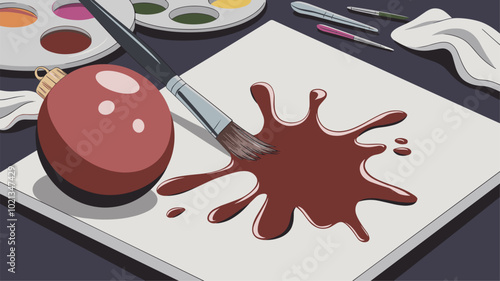 A close-up perspective highlighting the creative process, with a ketchup-splattered canvas and a reflective bauble symbolizing artistic inspiration.