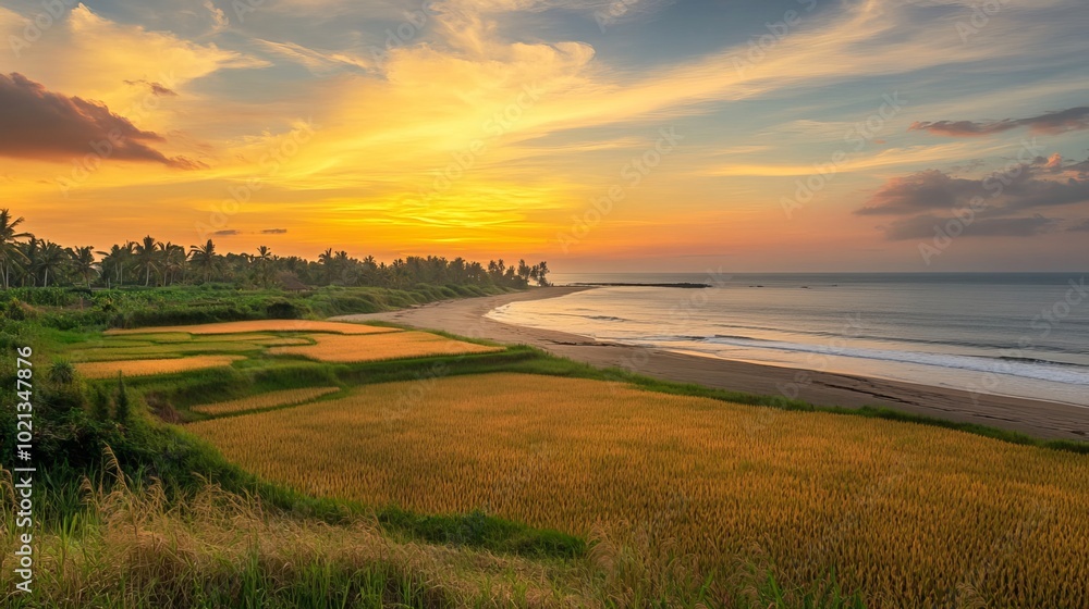 Obraz premium Tranquil afternoon scene: Orange hues paint the sky as the sun sets, casting a warm glow on the deserted beach and golden rice fields below. 