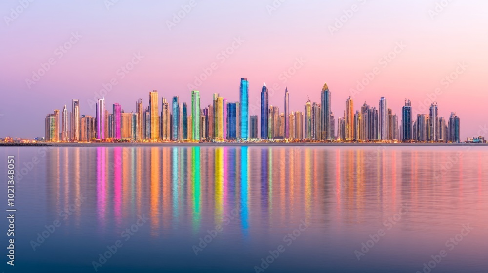 A vibrant cityscape skyline with colorful reflections in the calm water at sunset. A vibrant cityscape skyline with colorful reflections in the calm water at sunset.