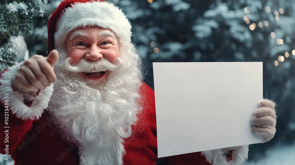 Happy Santa Claus holding Christmas blank advertisement banner background with copy space. Smiling Santa Claus pointing in white blank sign. Christmas theme, sales, space for your holiday text Happy Santa Claus holding Christmas blank advertisement banner background with copy space. Smiling Santa Claus pointing in white blank sign. Christmas theme, sales, space for your holiday text